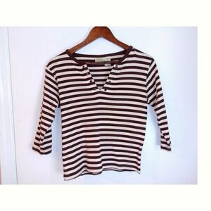 St.Johns Bay Striped Henley Top‎ 3/4 Sleeve Brown Cream Petite S /#5298